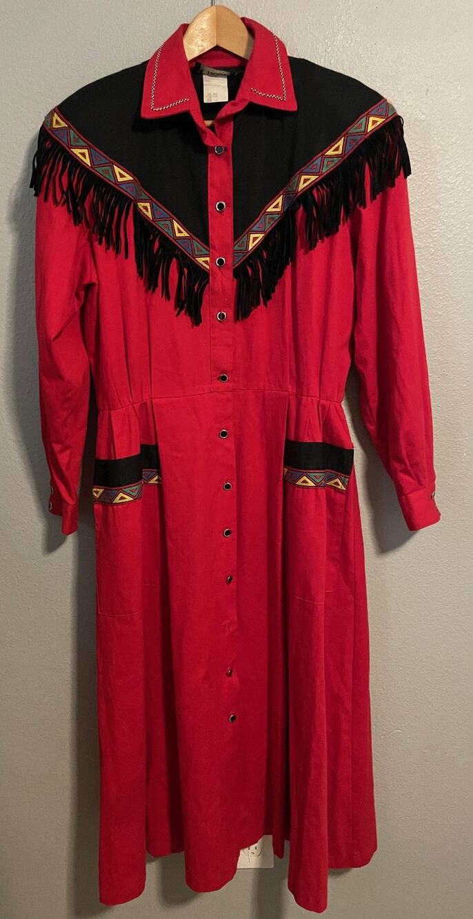 Vintage Choon Womens Midi Shirt Dress 12 Red Fringe Western Cowgirl 80s READ